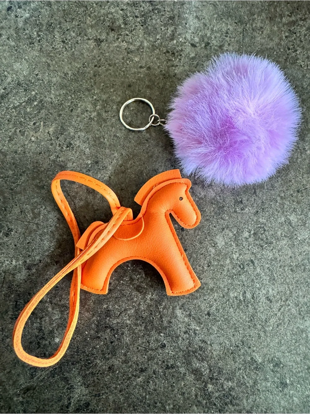 Plush Star Purple Pom Keychain and Orange Horse Purse Bag Charm Fob